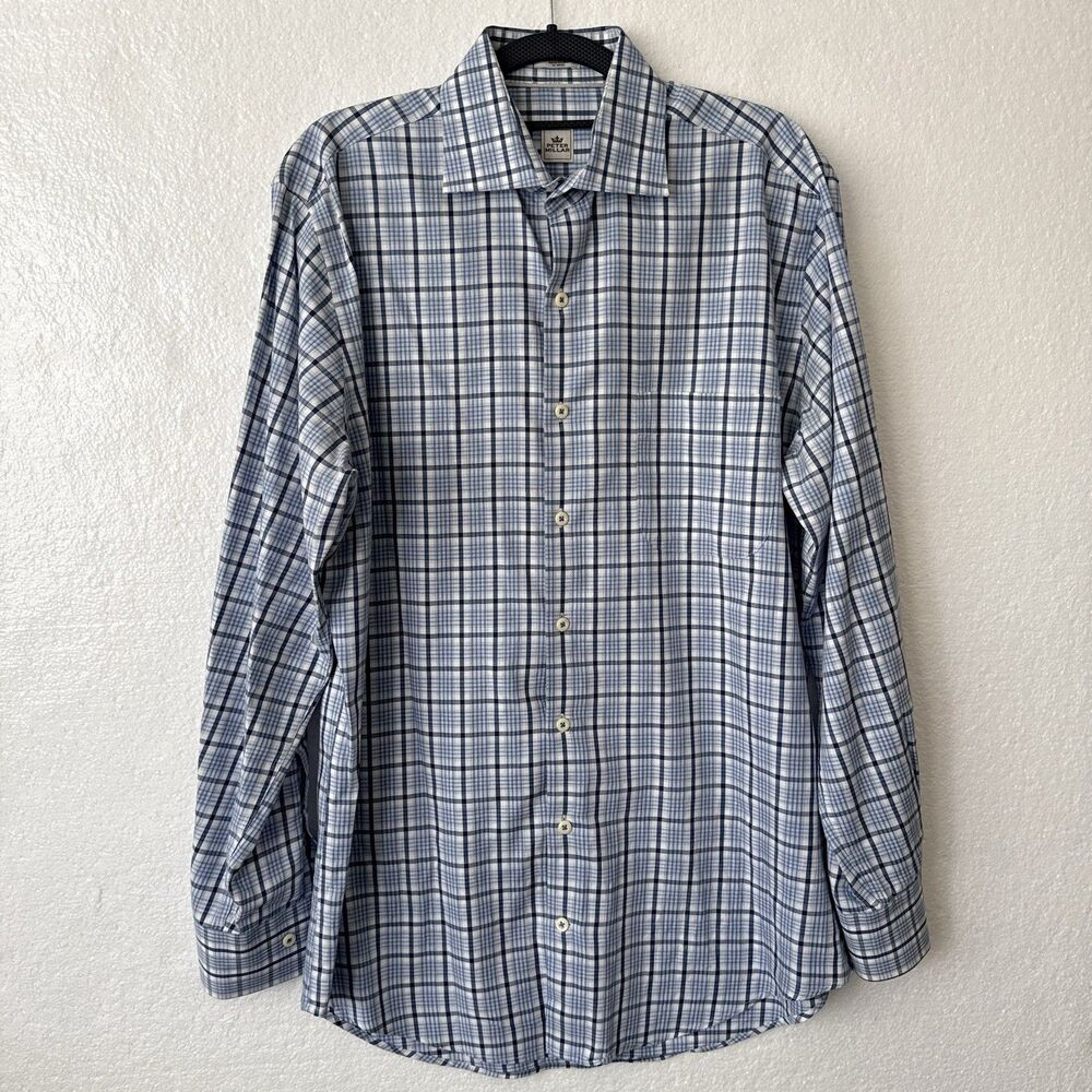 Peter Millar Mens Medium Blue Plaid Button Down Long Sleeve Cotton Dress Shirt